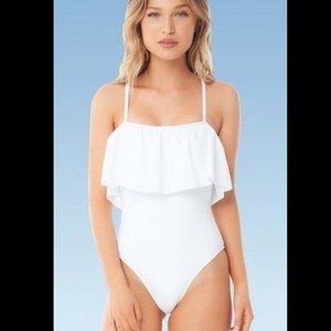 Sugar Coast by Lolli Women's Ruffle Flounce Bandeau White One Piece Swimsuit EUC